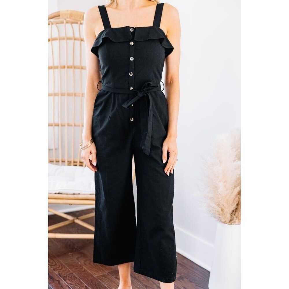 Billabong Ruffled Square Neckline Button Front Self Tie Belt Pockets Jumpsuit M